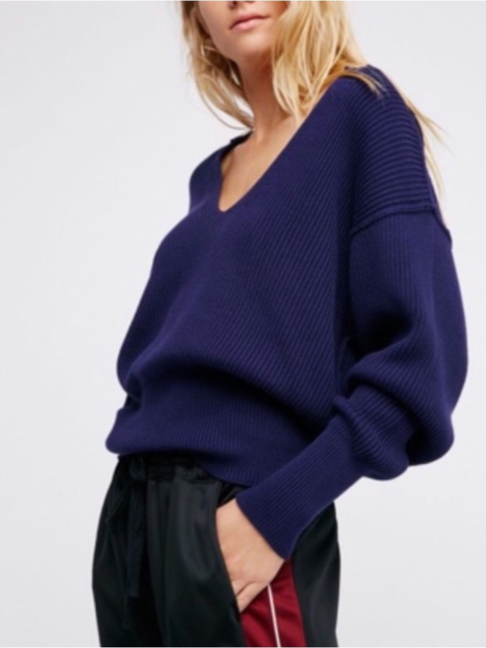 Free People Allure Pullover Navy Blue V Neck Sweater XS